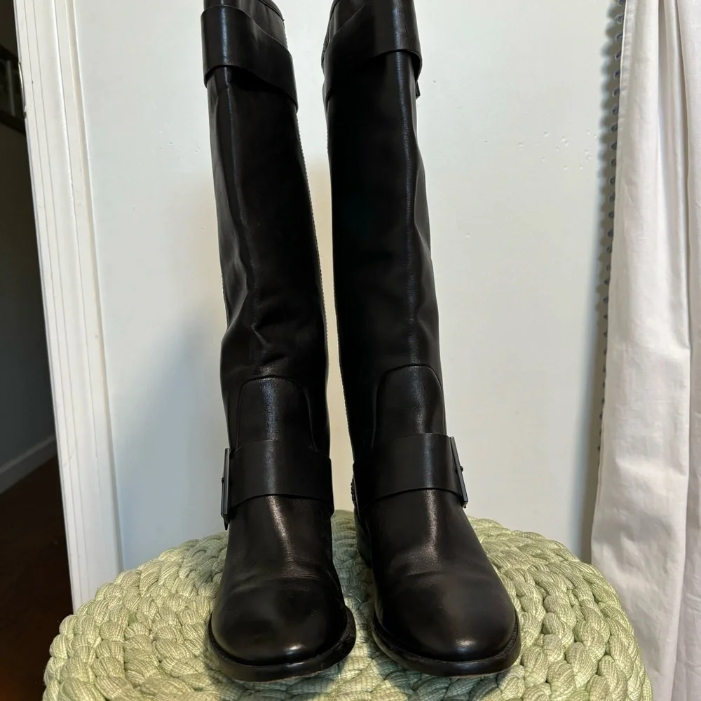 B Brian Atwood Dita Crystal Heel Black Leather Tall Moto Flat Boots